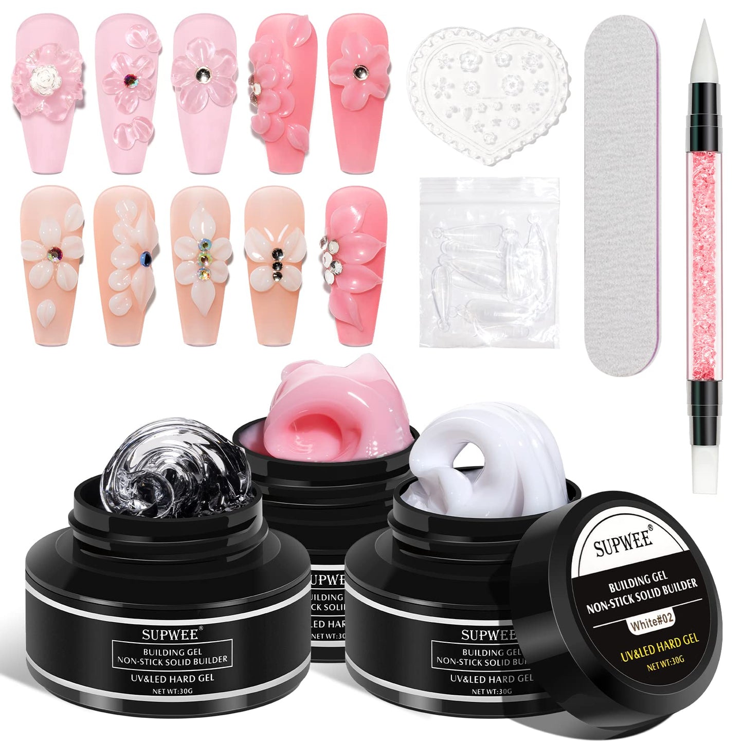 SUPWEE Solid Builder Gel for 3D Nail Art Extension Gel Non Stick Hand Sculpture Hard Gels with Dual Form Flower Strengthen for Home DIY Nails Salon Lamp Cure Require 30g(1oz)
