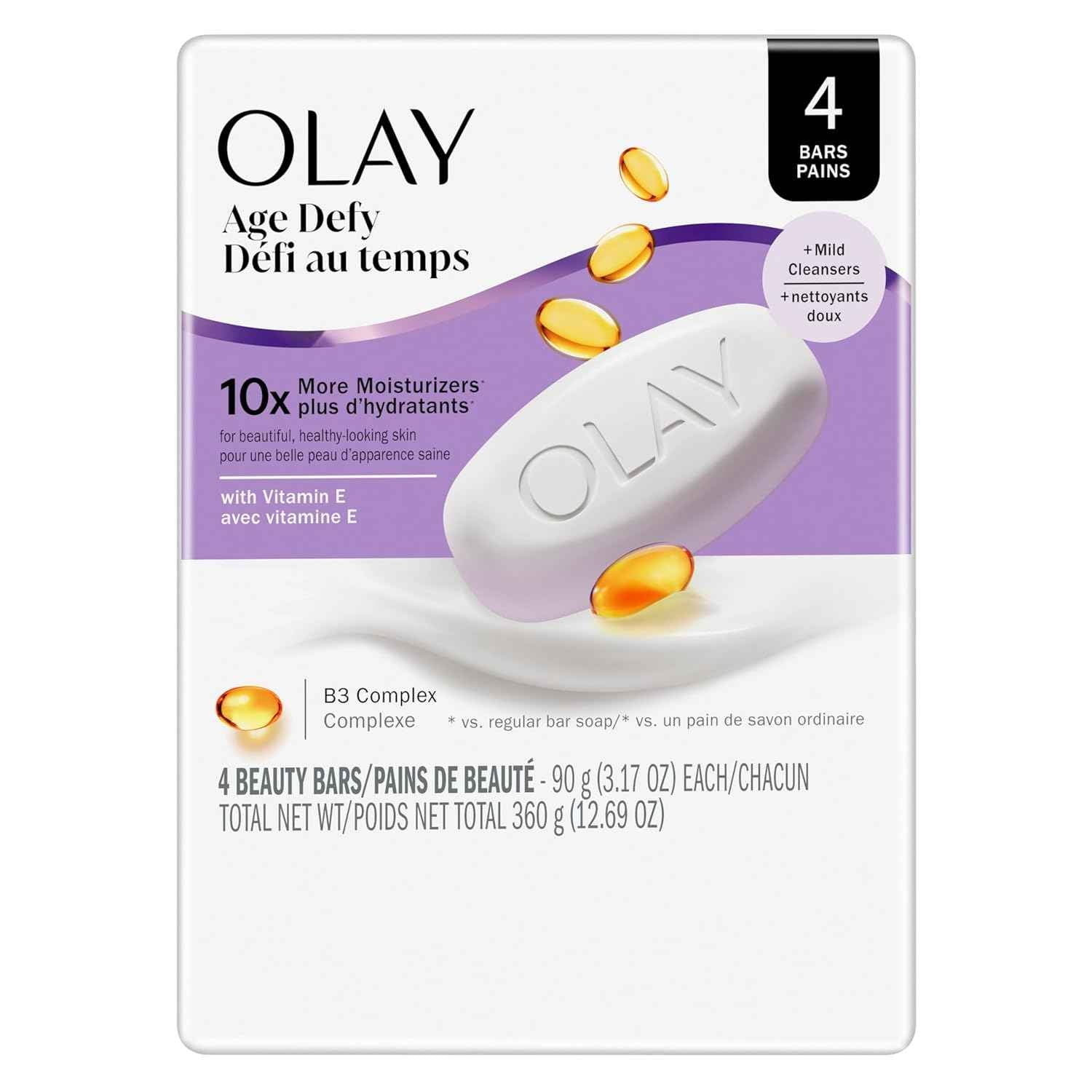 Olay Beauty Bar, Age Defying, 10x More Moisturizers, Smooth & Gentle on Skin, Vitamin E & Vitamin B3 Complex, For All Skin Types, Shea Butter Scent, 3.17 oz
