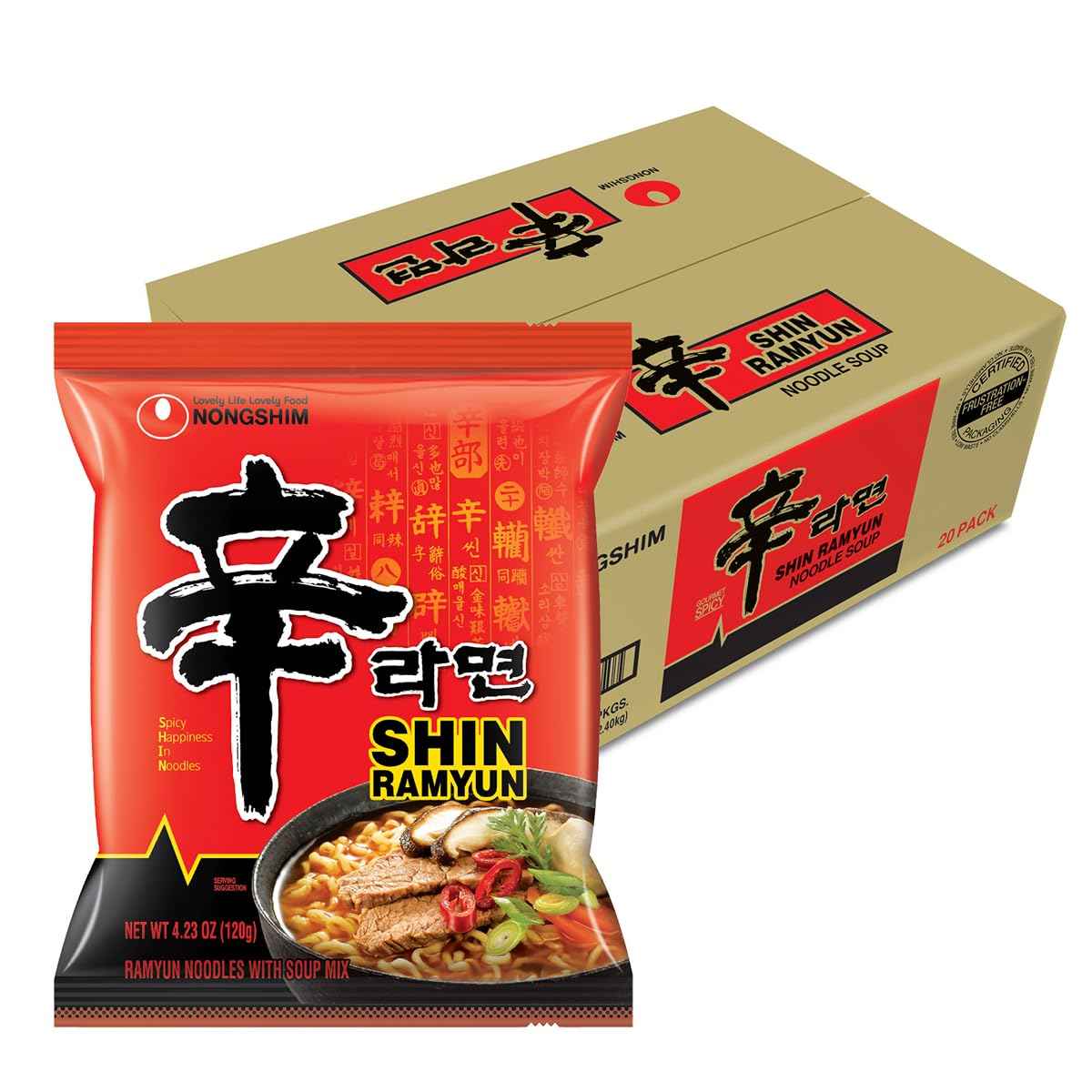 Nongshim Shin Ramyun Noodles, Spicy Korean Signature Instant Ramyun, Rich Beef Flavored Broth, Microwaveable, Korean Instant Noodles, 4.23 oz