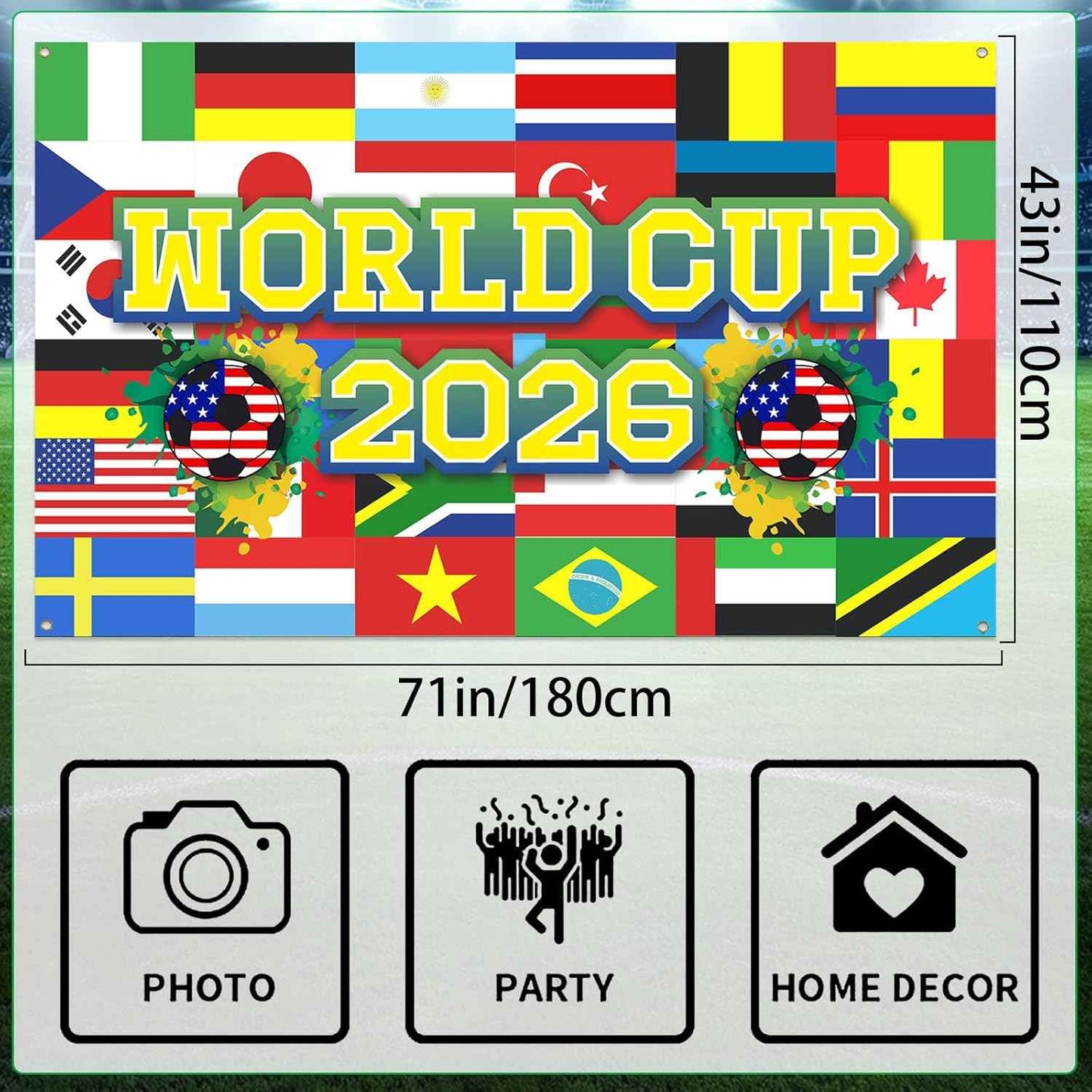 World Football Tournament Cup Celebration Backdrop 43x71 Inch 2026 Vibrant Soccer Festival Background for World Tournament Cup Party Photo Booth and Football Event Decor