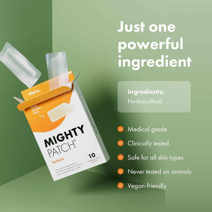 Mighty Patch Surface Large Pimple Patches for Face, Acne Spot Patch for Cheek, Forehead, and Chin, Pimple Stickers, Hydrocolloid Covers, Vegan-friendly, from Hero Cosmetics, 10 Count