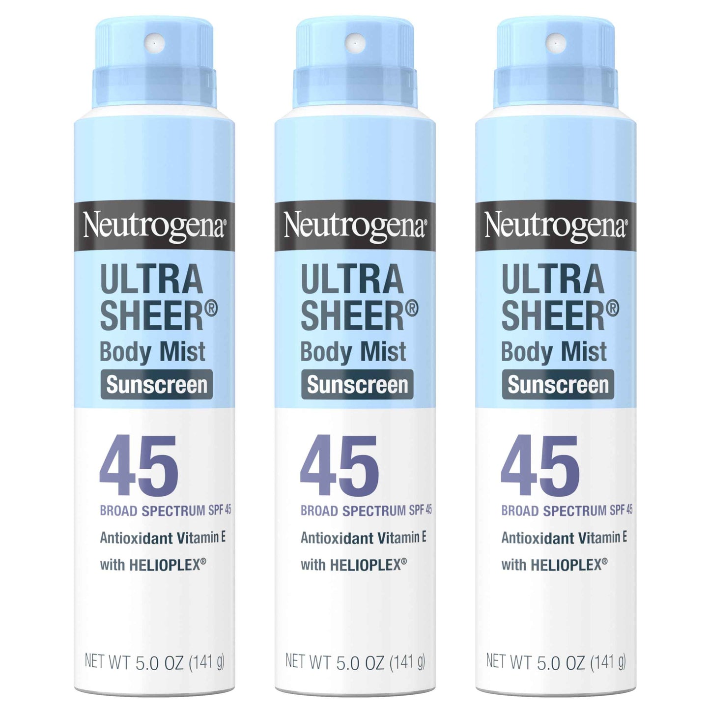 Neutrogena Ultra Sheer Sunscreen Spray SPF 45 Body Mist, Lightweight Non-Greasy Broad Spectrum UVA/UVB Protection, Oil-Free & Non-Comedogenic Water Resistant Spray Sunscreen (80 min), Pack of 3, 5 oz