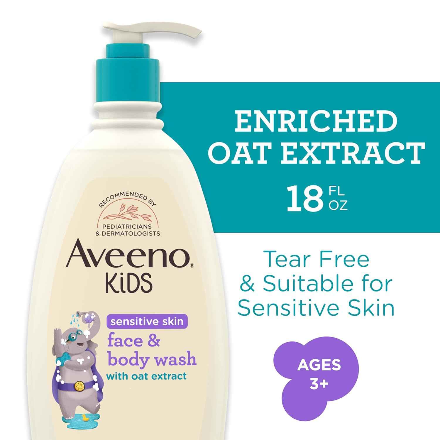 Aveeno Kids Sensitive Skin Face and Body Wash with Oat Extract, Gently Washes Away Dirt and Germs Without Drying, Tear-Free, Hypoallergenic Kids Body Wash, 18 fl. oz