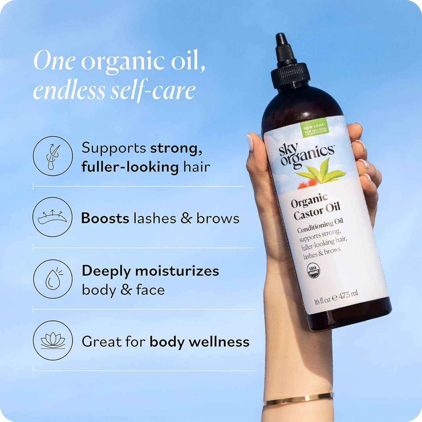 Sky Organics Castor Oil - USDA Certified Organic Hair Oil for Hair Growth, Skin, Face, Eyelashes - Cold Pressed & Hexane Free - Pure Organic Castor Oil Pack Wrap - Carrier & Hair Treatment Oil