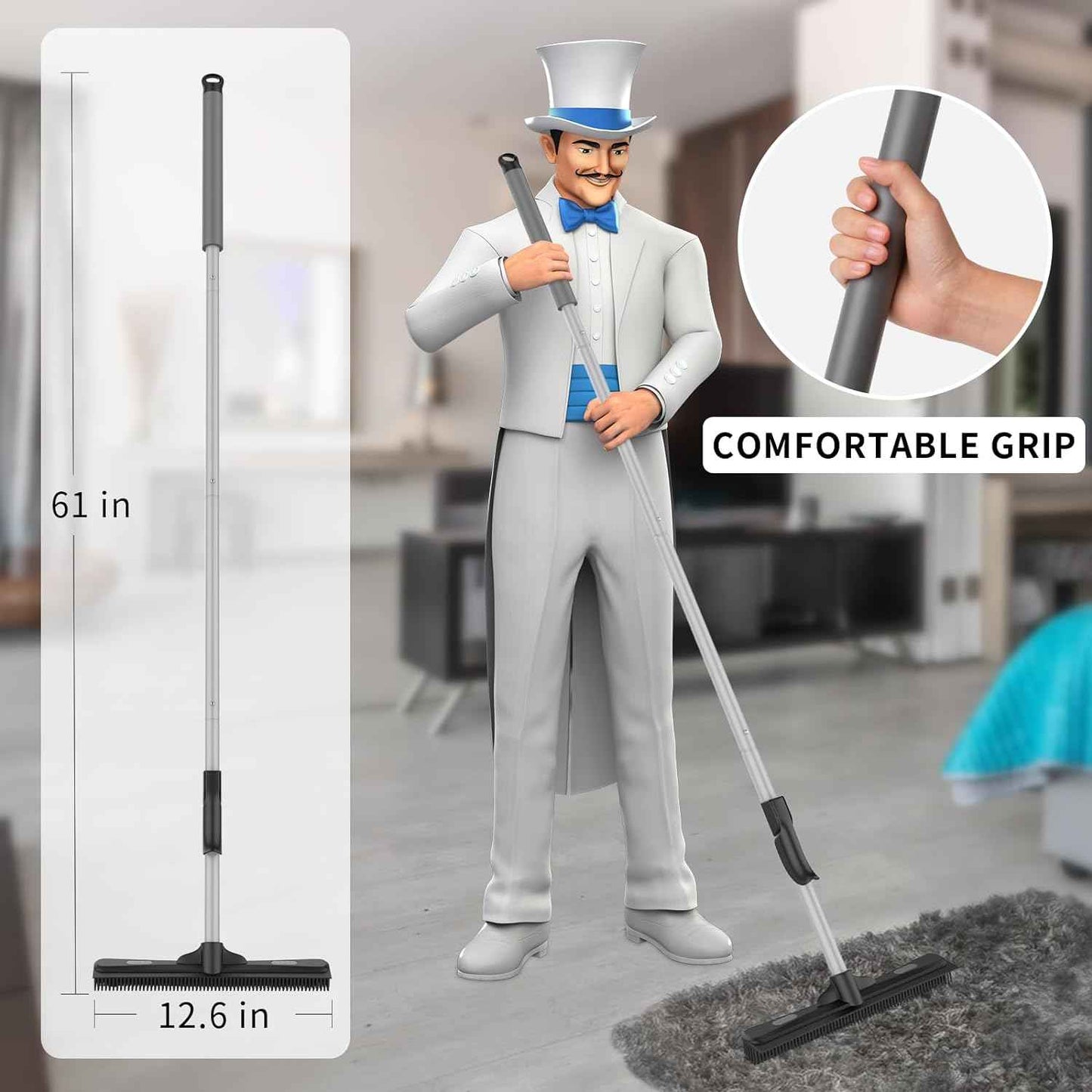 MR.SIGA Pet Hair Removal Rubber Broom with Built in Squeegee, 3 in 1 Floor Brush for Carpet, 61 inch Adjustable Handle, Includes 1 Microfiber Cloth for Floor Dusting