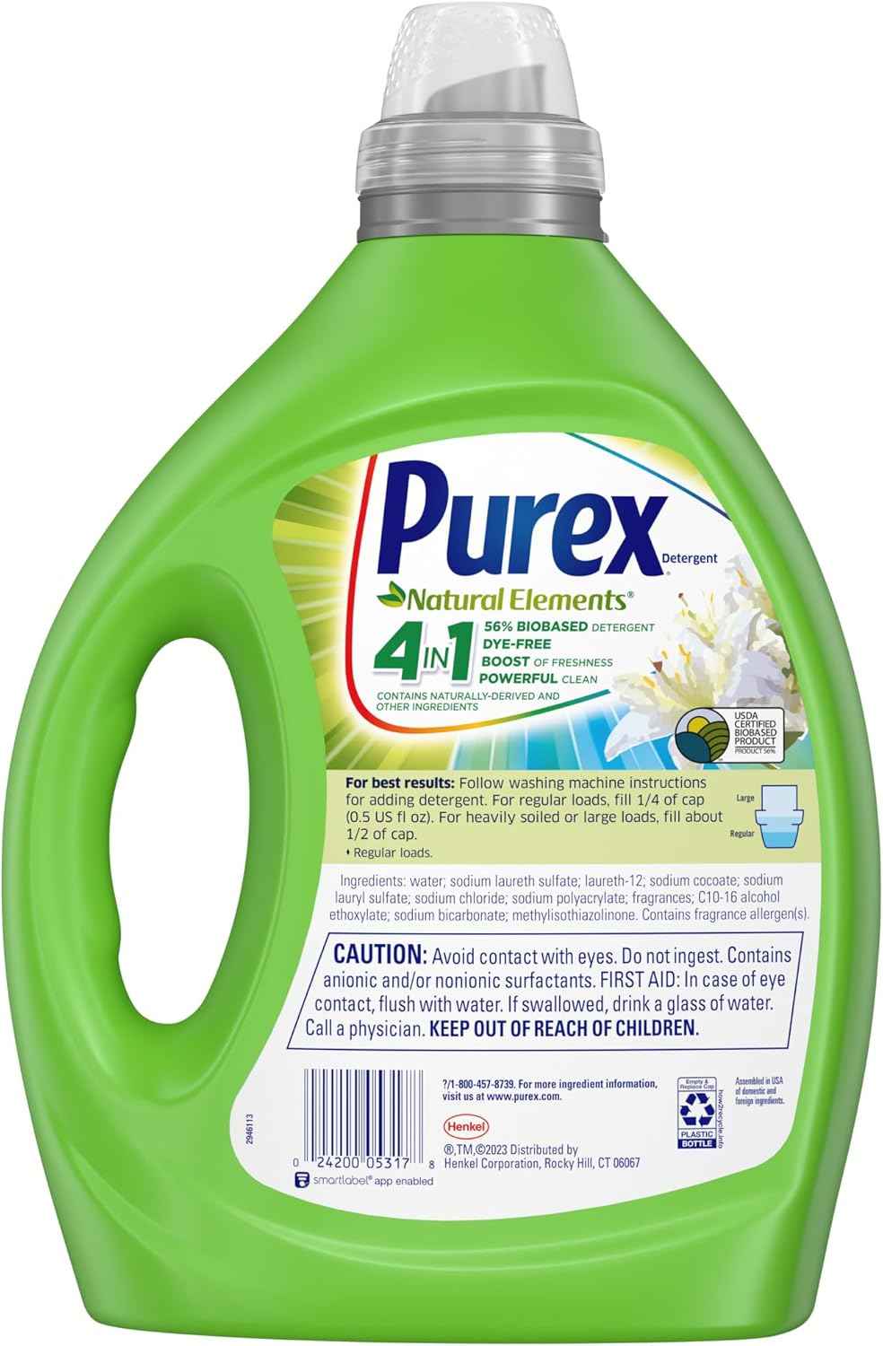 Purex Natural Elements Fresh Lilies & Linen Liquid Detergent, 82.5 oz, 165 Loads, Ultra-Concentrated, Dye-Free, USDA Certified Biobased Product