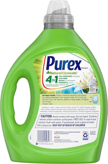 Purex Natural Elements Fresh Lilies & Linen Liquid Detergent, 82.5 oz, 165 Loads, Ultra-Concentrated, Dye-Free, USDA Certified Biobased Product