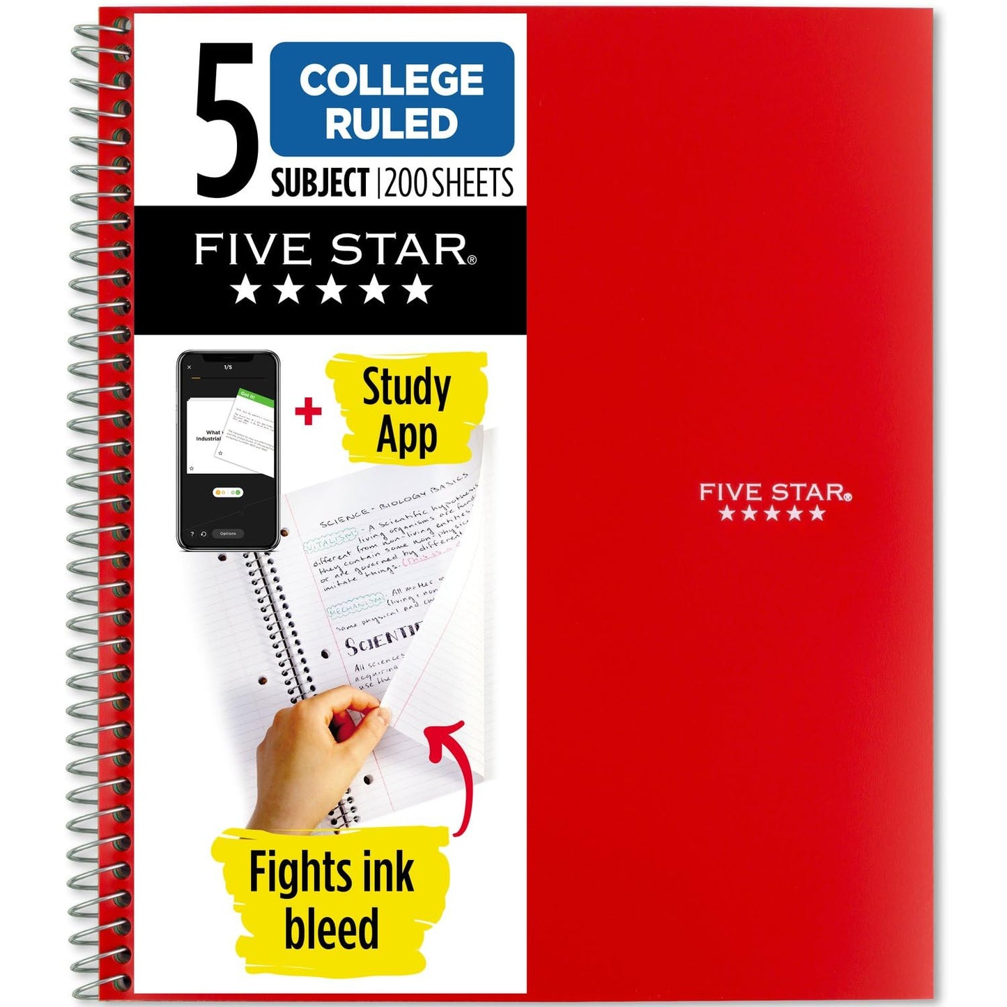 Five Star Spiral Notebook + Study App, 5 Subject, College Ruled Paper, Fights Ink Bleed, Water Resistant Cover, 8-1/2&amp;#34; x 11&amp;#34;, 200 Sheets, Color Will Vary (06208)