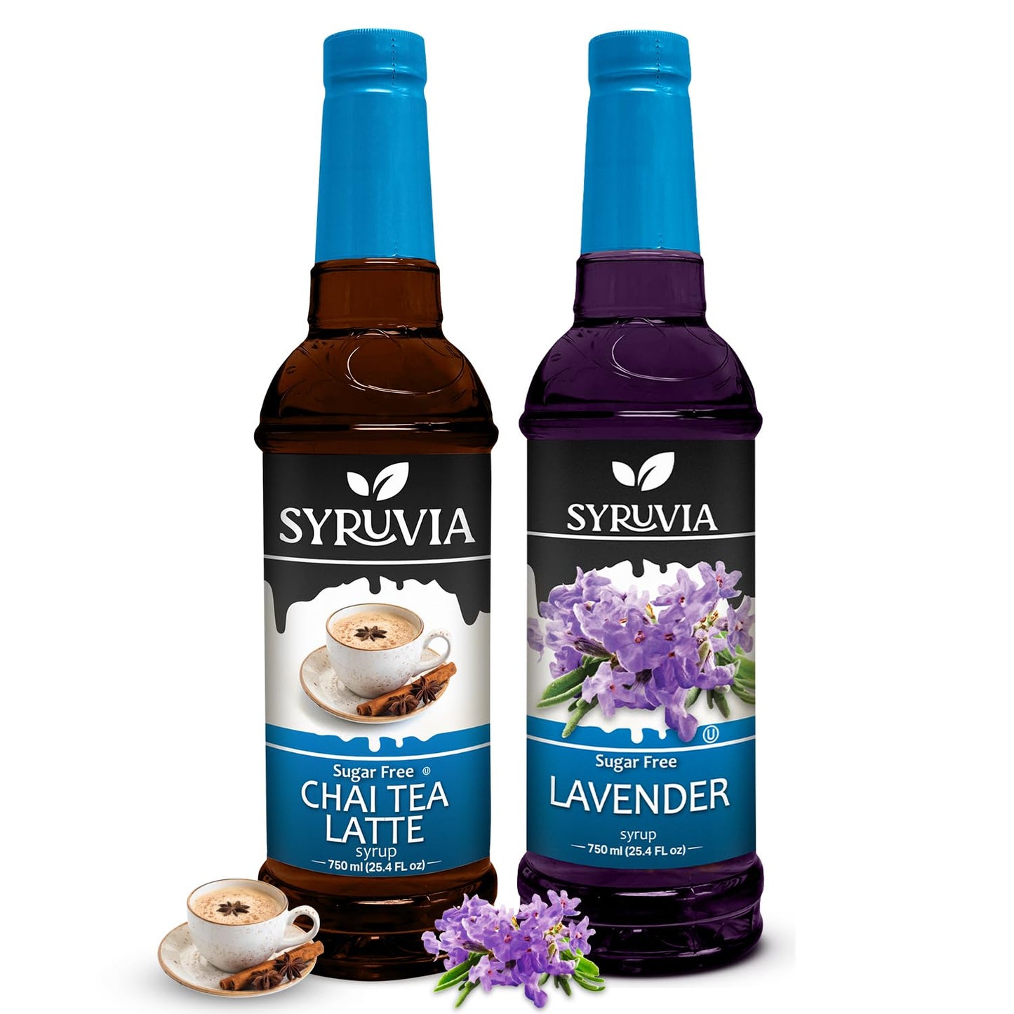 Syruvia Sugar-Free Fruit Flavors Variety Pack Chai Tea Latte &amp;amp; Lavender Syrup - 0 Calorie - for Tea, Italian Sodas, Beverages, Desserts, Ice Cream, Cocktails, Kosher, 25.4 fl oz. (2-Pack)