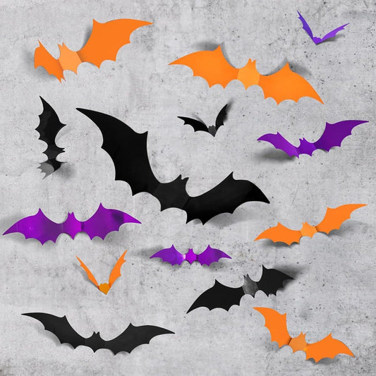 72_Pcs_Bats_Stickers_for_Halloween_Wall_Decor_3D_Bat_Halloween_Decor_Removable_PVC_Bats_Stickers_Wall_Decal_DIY_Orange_Purple_Black_Bat_Decoration_for_Indoor_Outdoor_Home_Party_Supplies
