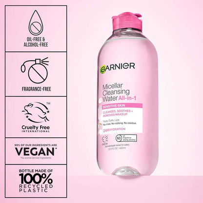 Garnier Micellar Water, Hydrating Facial Cleanser & Makeup Remover, Suitable for Sensitive Skin, Vegan, Cruelty Free