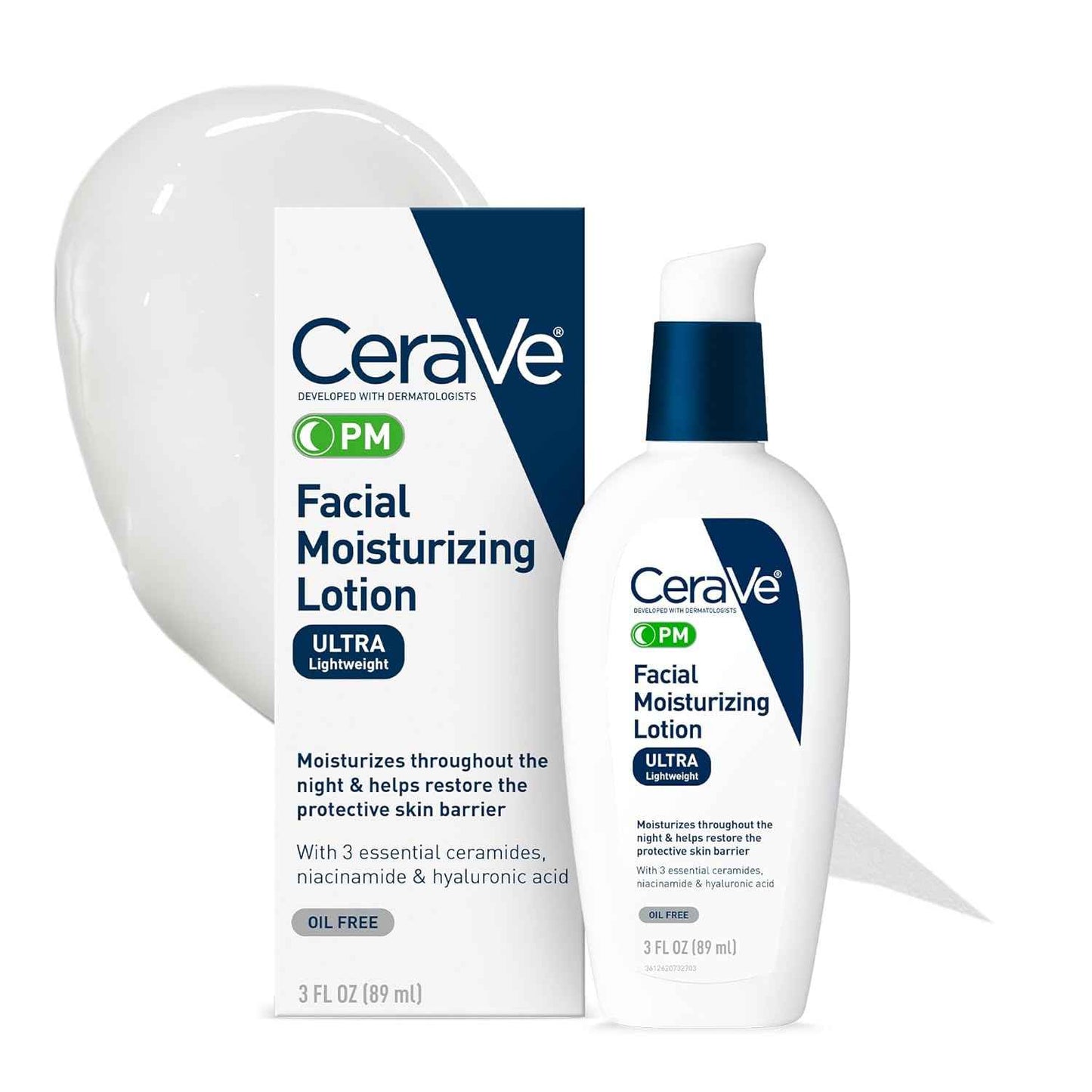 CeraVe PM Facial Moisturizing Lotion, Night Cream with Hyaluronic Acid and Niacinamide, Ultra-Lightweight, Oil-Free Moisturizer for Face