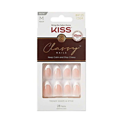 KISS Classy, Press On Nails, Nail glue included, White, Medium Size, Almond Shape, Includes 28 Nails, 2g glue, 1 Manicure Stick, 1 Mini File