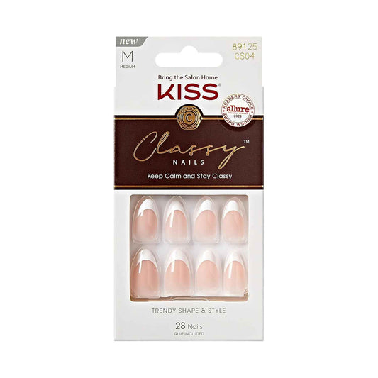 KISS Classy, Press On Nails, Nail glue included, White, Medium Size, Almond Shape, Includes 28 Nails, 2g glue, 1 Manicure Stick, 1 Mini File
