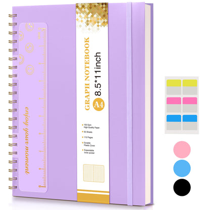 Graph Paper Notebook, Spiral Notebook Journal 8.5” x 11”, A4 Large Grid Notebooks for Women Men, 100 GSM Graph Paper, Plastic Hardcover Spiral Graphing Journals for Work School Engineerin, Purple