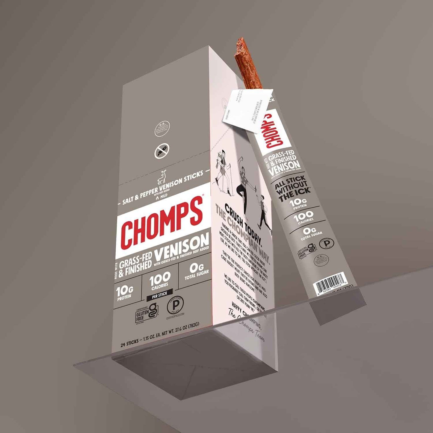 Chomps Grass-Fed & Finished Salt & Pepper Venison Jerky Meat Snack Sticks  - Keto, Paleo, Low Carb, Whole30 Approved, 10g Lean Meat Protein, Gluten Free, Zero Sugar Food