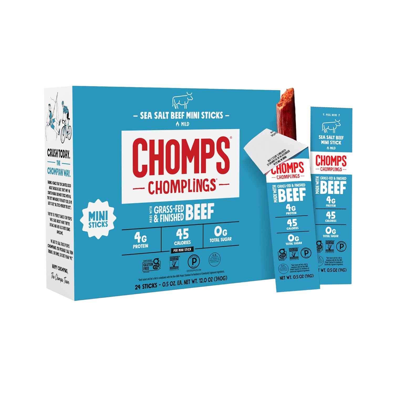 Chomps Snack Size Grass-Fed and Finished Jerky Snack Sticks 0.5oz 24-Pack - Keto, Paleo, Whole30, 4g Lean Meat Protein, Gluten-Free, Zero Sugar Food, Non-GMO Chomplings