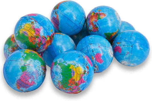 24 Pack Squeezable World Stress Balls for Kids Mini Earth Ball - Pressure Relieving Health Balls Globe Pattern Balls , School, Classroom, Party Favors (2.5" Inches)
