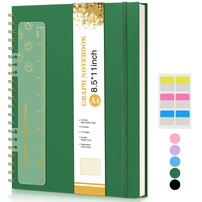 Graph Paper Notebook, Spiral Notebook Journal 8.5” x 11”, A4 Large Grid Notebooks for Women Men, 100 GSM Graph Paper, Plastic Hardcover Spiral Graphing Journals for Work School Engineerin, Green