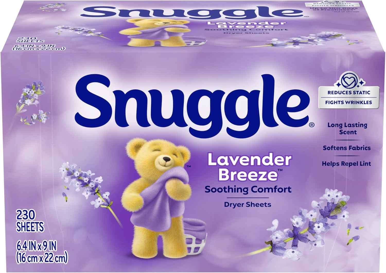 Snuggle Fabric Softener Dryer Sheets, Lavender Breeze Soothing Comfort, 230 Ct, Long-Lasting Fresh & Clean Scent, Softens Fabric, Reduces Static, Fights Wrinkles, Helps Repel Lint & Pet Hair, HE Safe