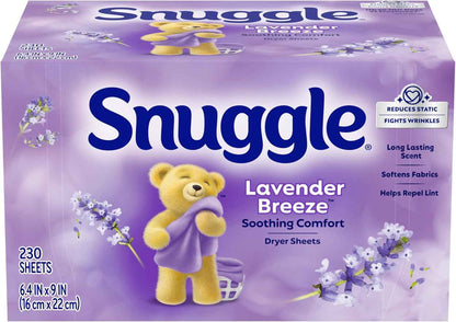 Snuggle Fabric Softener Dryer Sheets, Lavender Breeze Soothing Comfort, 230 Ct, Long-Lasting Fresh & Clean Scent, Softens Fabric, Reduces Static, Fights Wrinkles, Helps Repel Lint & Pet Hair, HE Safe