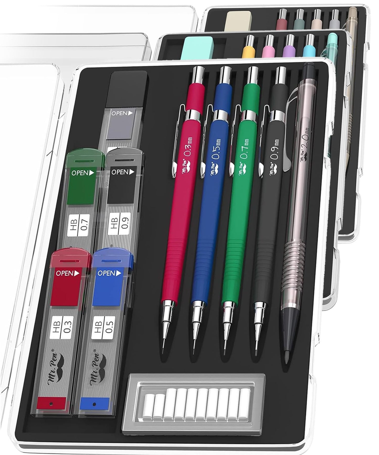 Mr. Pen Mechanical Pencil Set with Lead and Eraser Refills, 5 Sizes - 0.3, 0.5, 0.7, 0.9 and 2 Millimeters, Drafting, Sketching, Illustrations, Architecture