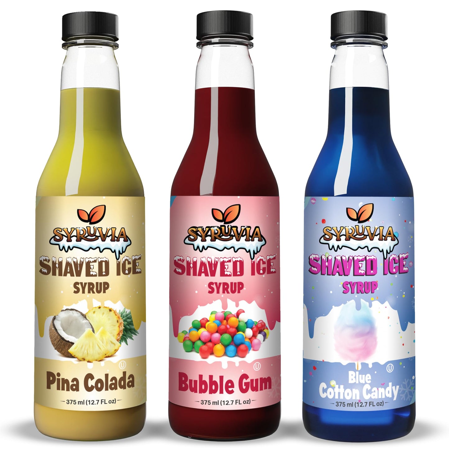 Syruvia Snow Cone Syrup 12.7oz - Blue Cotton Candy &amp;amp; Bubble Gum &amp;amp; Pina Colada Syrup For Shaved Ice, Snow Cones, Slushies, Italian Soda, Popsicles. Kosher, Dairy-Free.