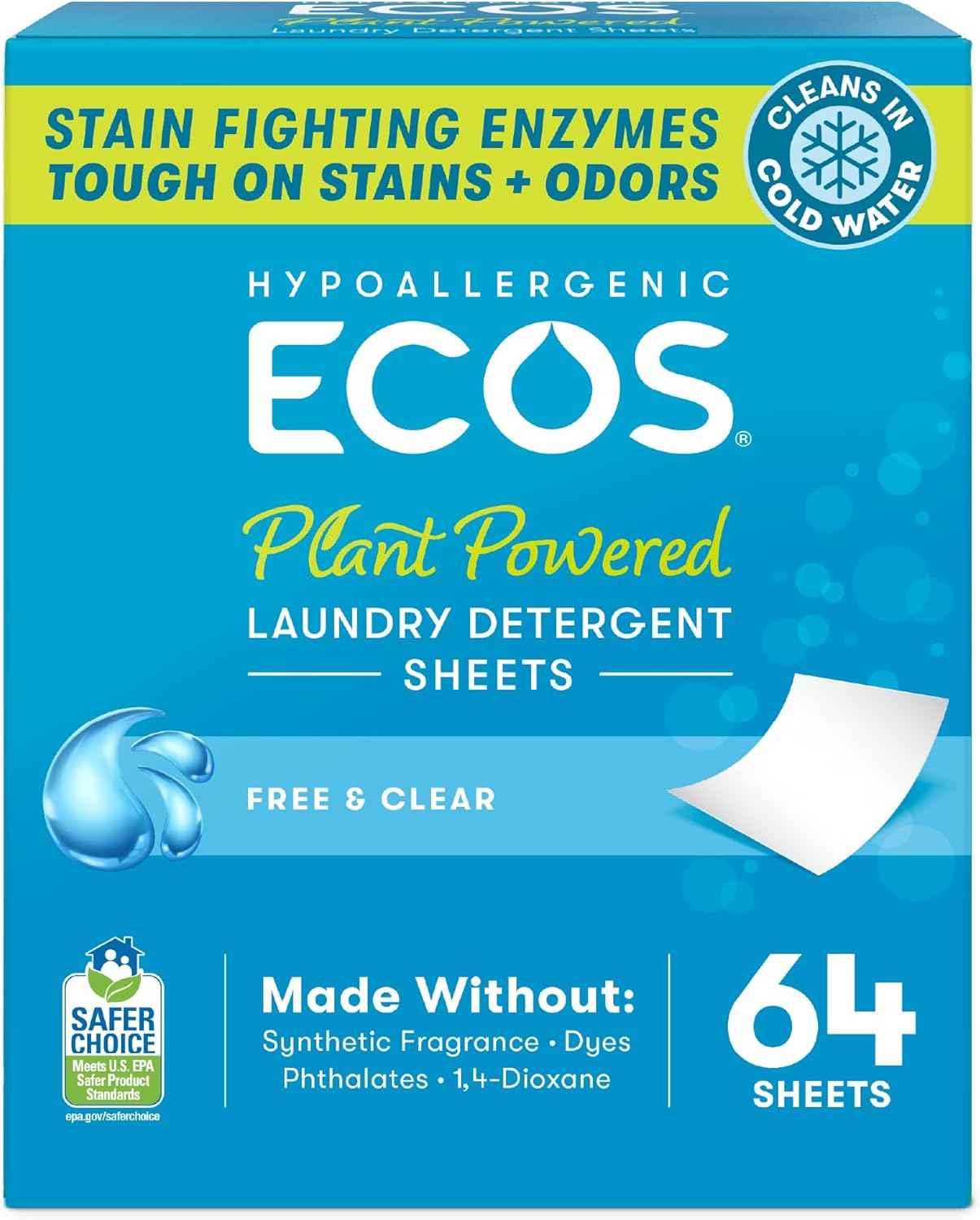 ECOS Laundry Detergent Sheets Vegan, No Plastic Jug, No Mess & Liquid Free - Hypoallergenic, Plant Powered Laundry Detergent Sheet - Free and Clear