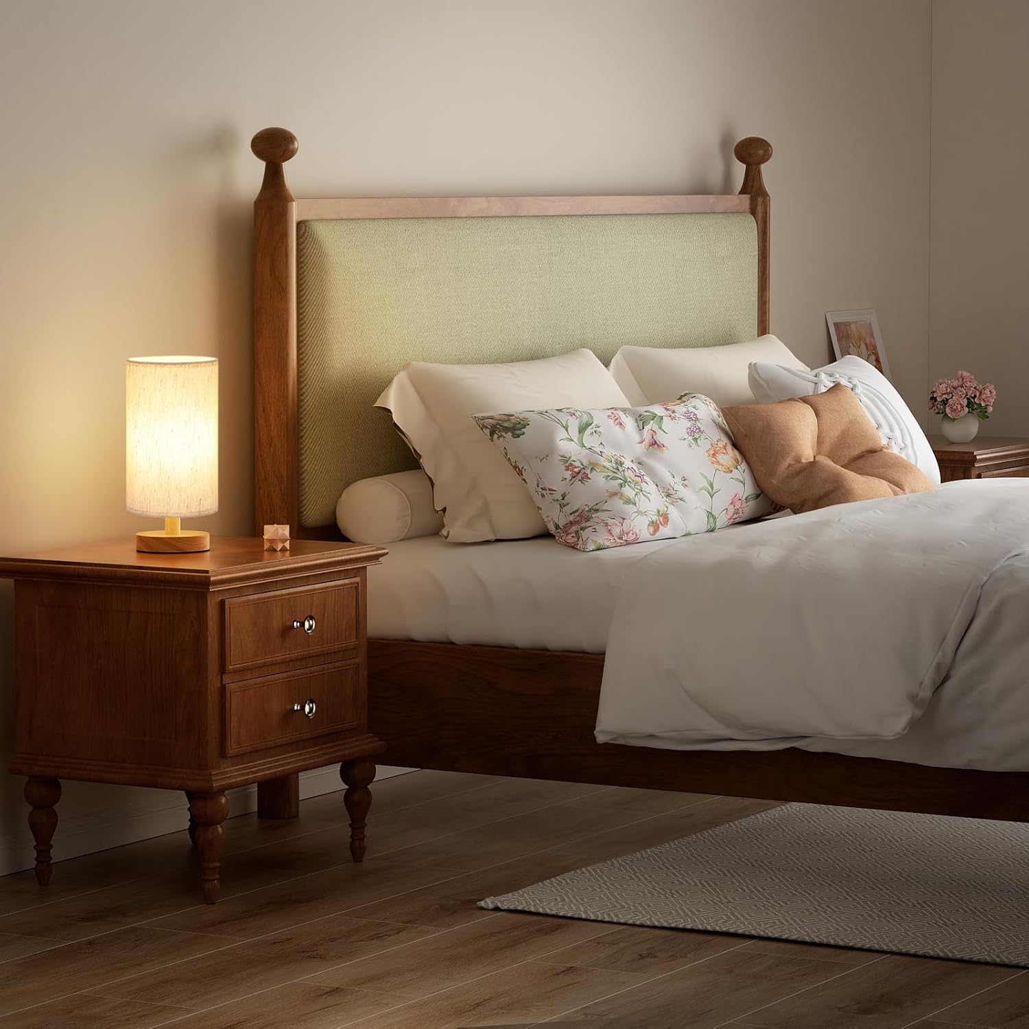 Fenmzee_Small_Table_Lamp_for_Bedroom_-_Inline_Control,_Bedside_Lamp_with_3000K_A15_LED_Blub,_Easy_Assembly_(Cream_Shade_-_Wood_Base,_9"_Inline_Control)