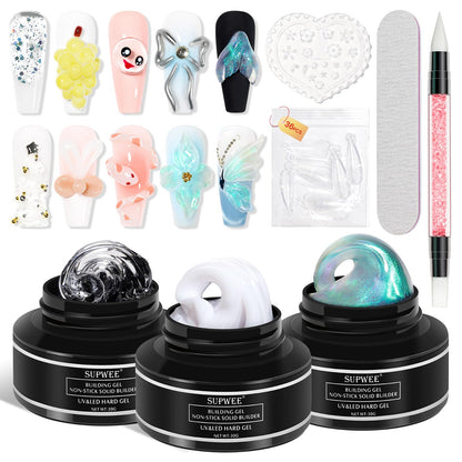 SUPWEE 3 Colors Solid Builder Gel for Nails Extension Non Stick Hand Hard Gel with Dual Form 3D Nail Sculpture Gels Nail Strengthen for Home DIY Nails Salon