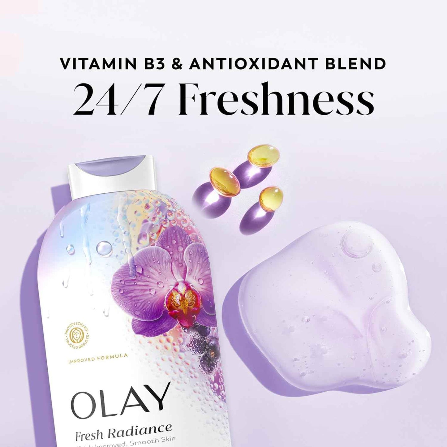 Olay Body Wash for Women, Fresh Radiance, 24/7 Skin-Loving Freshness, Visibly Radiant, Plant Based Cleansers, Vitamin B3 & Antioxidant Blend, For All Skin Types