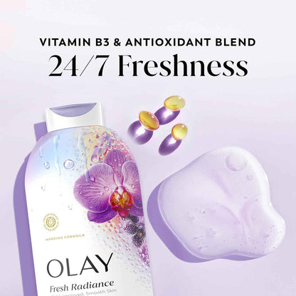 Olay Body Wash for Women, Fresh Radiance, 24/7 Skin-Loving Freshness, Visibly Radiant, Plant Based Cleansers, Vitamin B3 & Antioxidant Blend, For All Skin Types