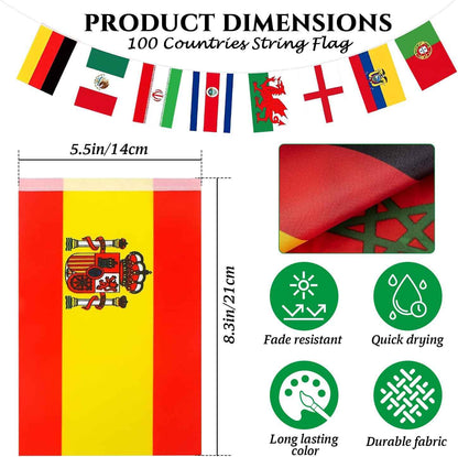 100 Countries String Flag Banner Set- 82Ft International World Flags Bunting Durable Mini Polyester Flags for Party Decorations, Classroom, Sports Events, Olympics, World Cup & Cultural Festival Decor