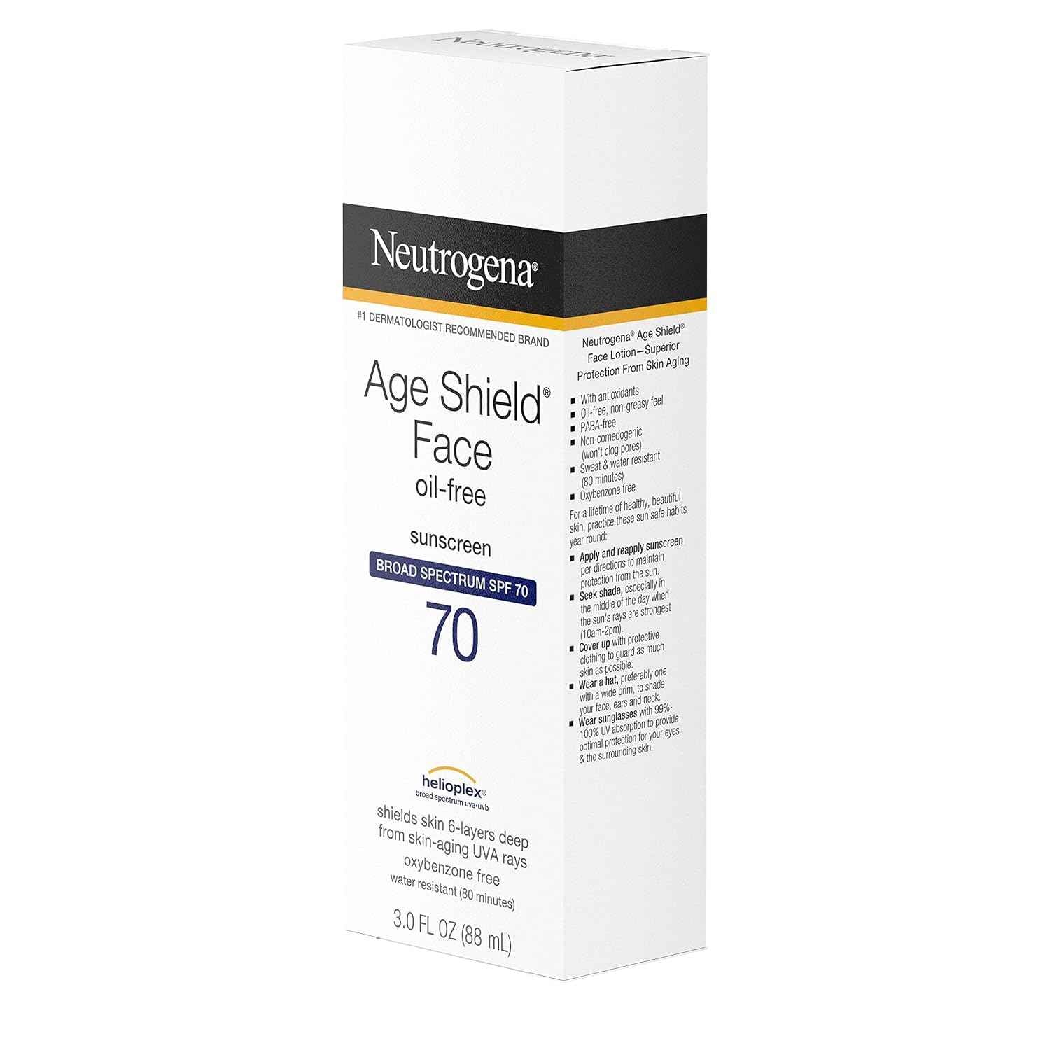 Neutrogena Age Shield Face Oil-Free Sunscreen Lotion with Broad Spectrum SPF 70, Non-Comedogenic Moisturizing Sunscreen to Help Prevent Signs of Aging, PABA-Free, 3 fl. oz.