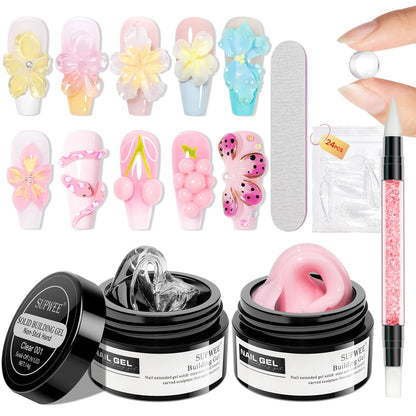 SUPWEE Solid Builder Gel for Nail Extension Clear Pink Non-Stick Hand Sculpture Hard Gel with Dual Form Flower Effect for Home DIY Manicure Set Lamp Cure Require 2 Colors 14g(0.49oz)