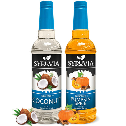 Syruvia Sugar-Free Fruit Flavors Variety Pack Pumpkin Coffee &amp;amp; Coconut Syrup - 0 Calorie - for Tea, Italian Sodas, Beverages, Desserts, Ice Cream, Cocktails &amp;amp; Mocktails, Kosher, 25.4 fl oz. (2-Pack)