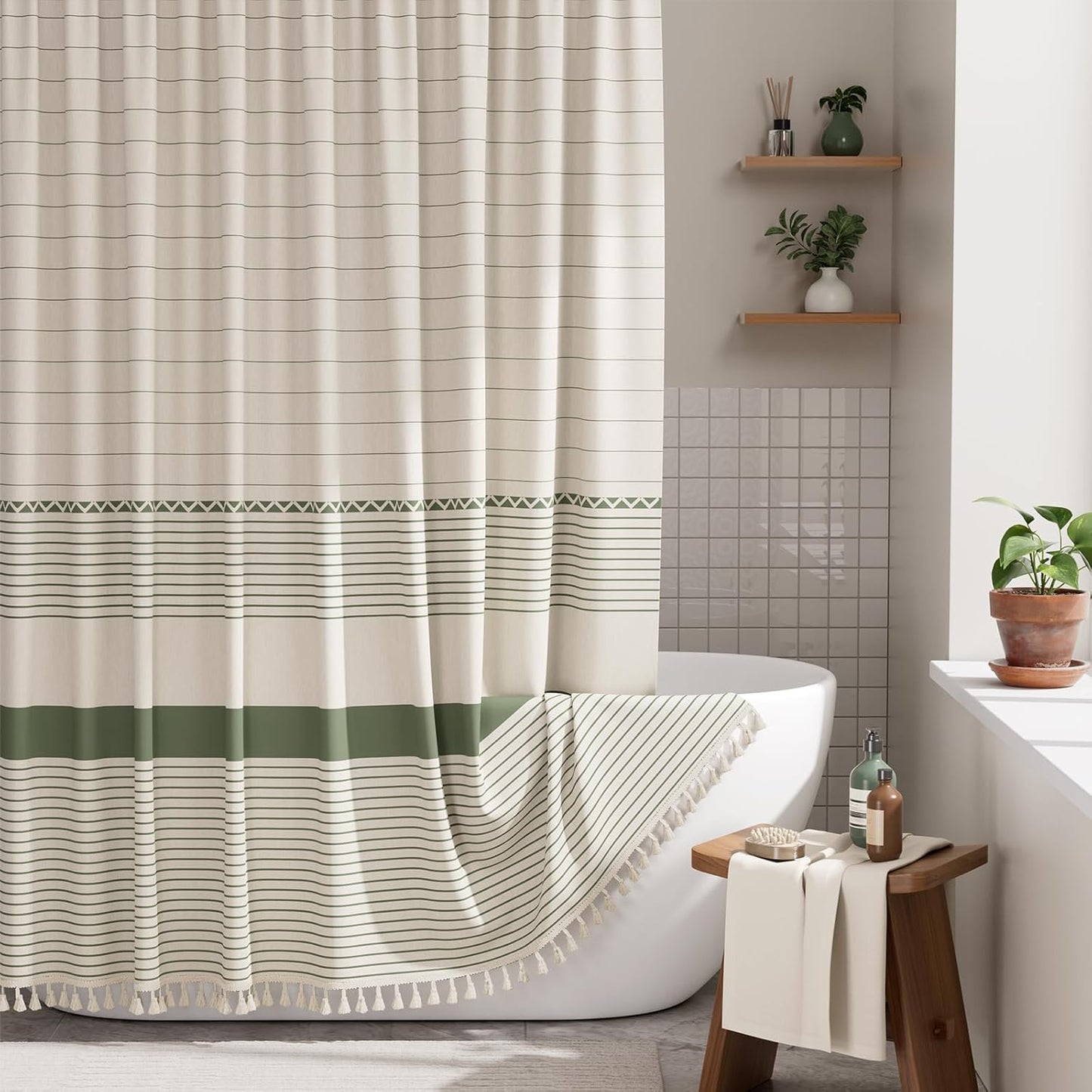 AmazerBath_Boho_Shower_Curtain,_Modern_Farmhouse_Shower_Curtain_Set_with_Tassels,_Rustic_Faux_Linen_Green_Striped_Shower_Curtain_with_Hooks,_Light_Tan_Toned,_72x72_Inches