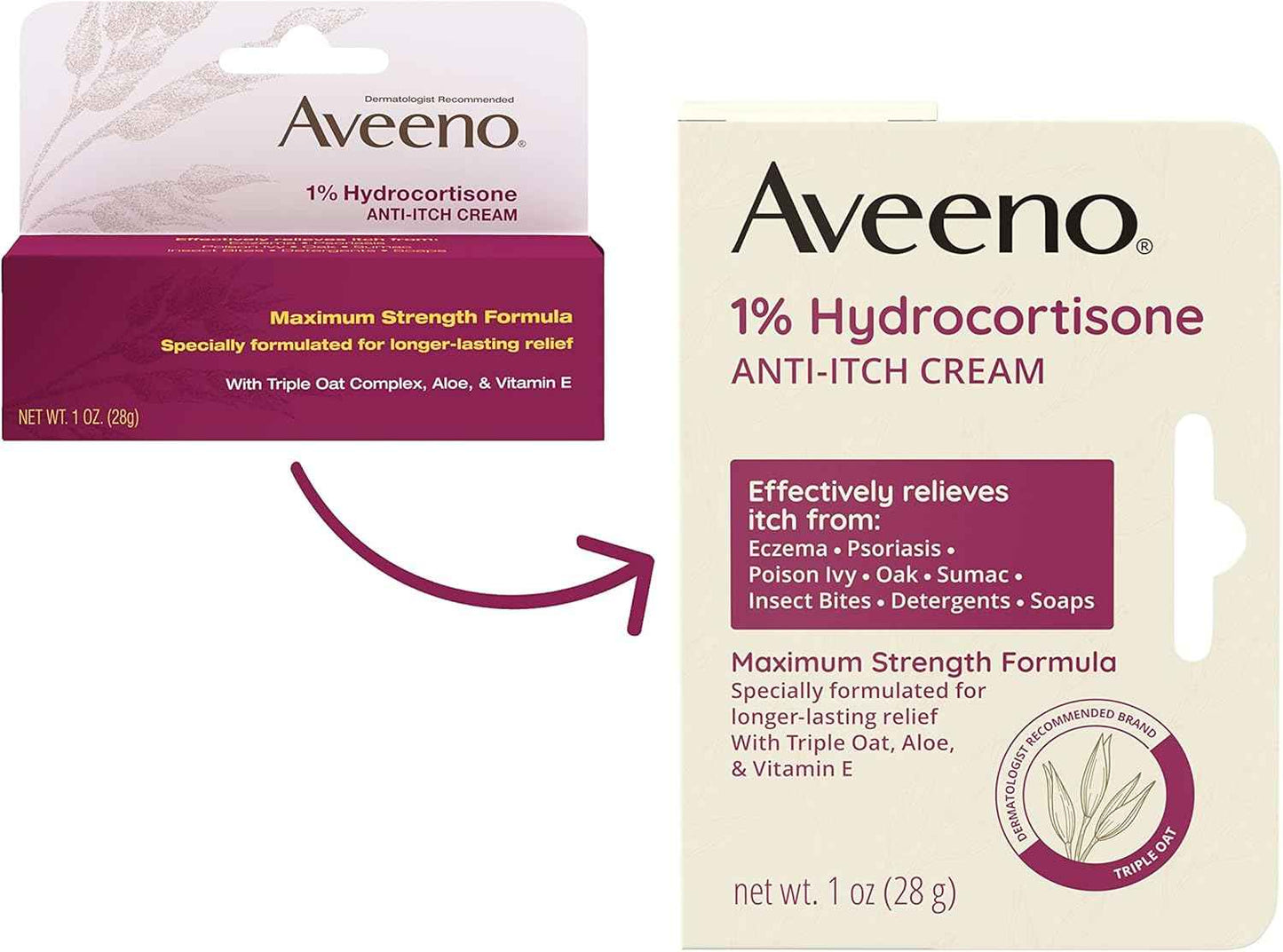 Aveeno Maximum Strength 1% Hydrocortisone Anti-Itch Cream, Triple Oat, Aloe & Vitamin E For Itch Relief From Eczema, Psoriasis, Insect Bites, Poison Ivy, Oak & Sumac & Detergents, 1 oz