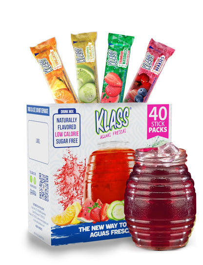 Klass Aguas Frescas, Powdered Drink Mix Variety Pack, 40 Singles Zero Sugar &amp;amp; Caffeine-Free Powder Packets, Water Drink Mix, Flavors: Cucumber Limeade, Strawberry Watermelon, Hibiscus Berries &amp;amp; Pineapple Tangerine - 5 Calories Per Packet &amp;amp; Natural Flavors
