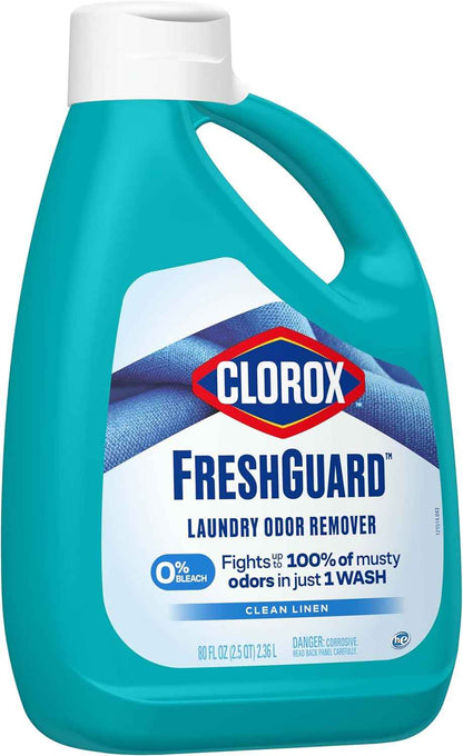 Clorox FreshGuard Laundry Odor Remover, 0% Bleach, Clean Linen, 80 Fl Oz., Pack of 2 (Pack May Vary)