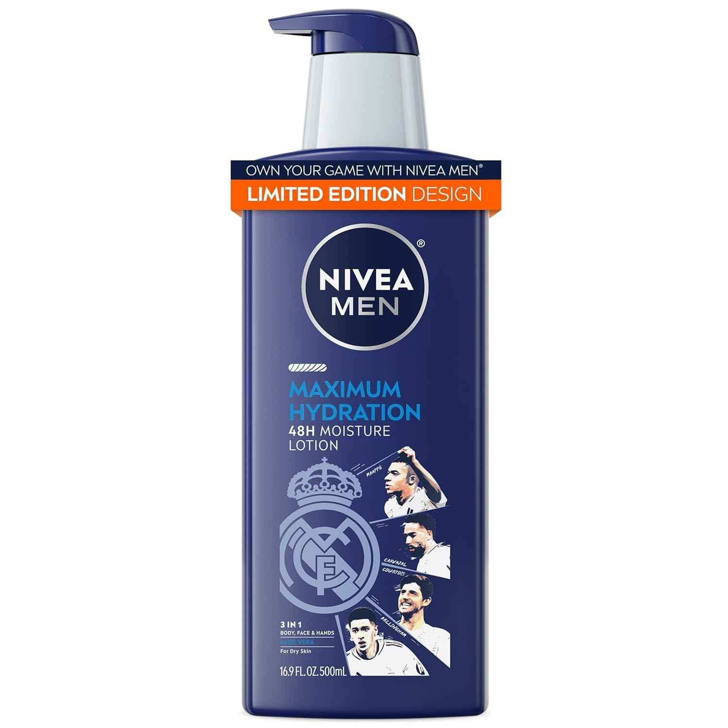 NIVEA MEN Real Madrid Limited Edition Design Maximum Hydration 48-Hour Moisture Body Lotion for Dry Skin, Aloe Vera Lotion for Men, 3-in-1 Body, Face and Hands, 16.9 Fl Oz Bottle