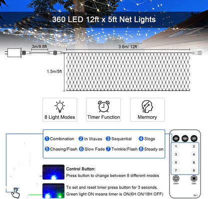JMEXSUSS_Outdoor_Net_Lights_Waterproof,_12ft_x_5ft_with_8_Modes_Remoter,_360_LED_Plug_in_Net_Lights_for_for_Bush_Patio_Christmas_Tree_Decor_(Clear_Wire,_White)