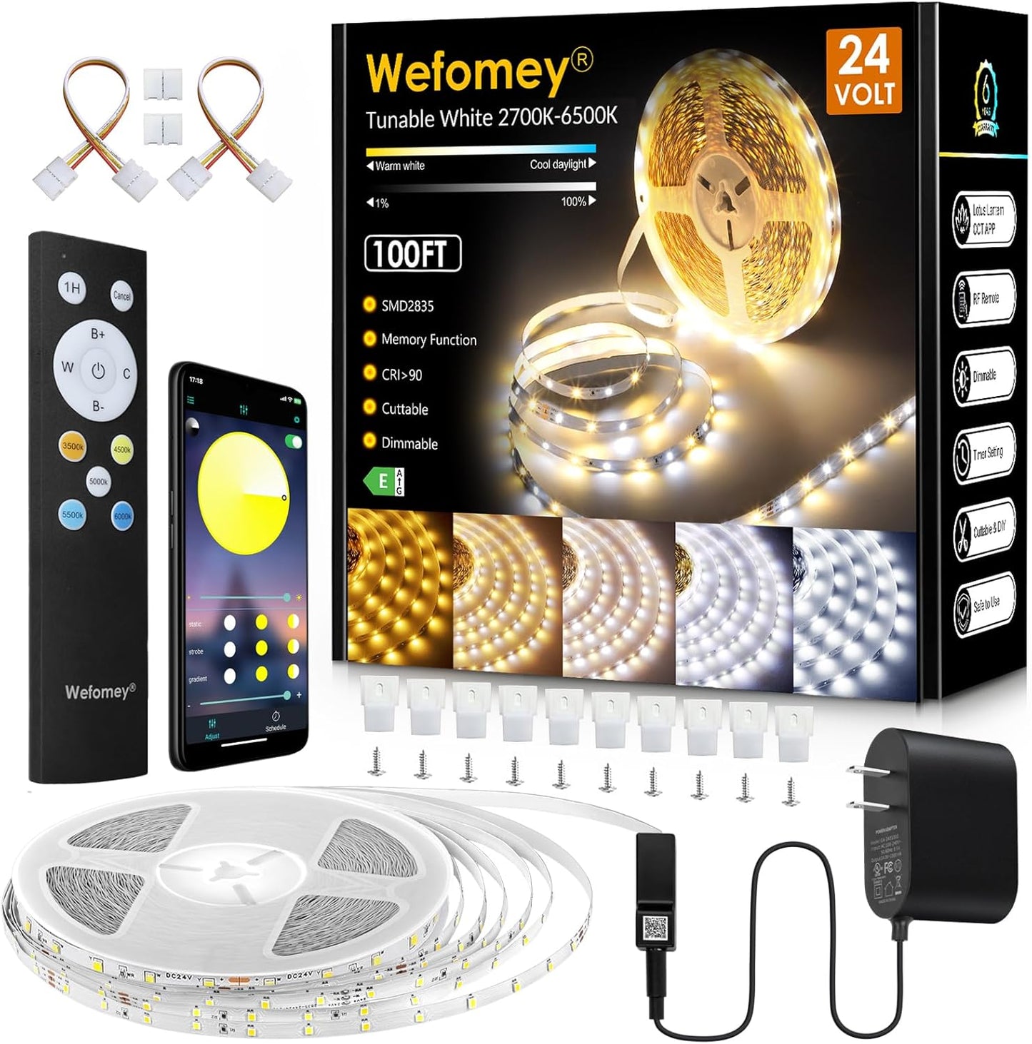 White_LED_Strip_Lights,_100ft_Dimmable_Bright_24V_Led_Tape_Light_with_Remote_and_App_Control,_2700K-6500K_White_LEDs_Lights_for_Bedroom,_Kitchen,_Ceiling