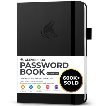 Clever Fox Password Book with alphabetical tabs. Internet Address Organizer Logbook. Medium Password Keeper for Website Logins (Black)