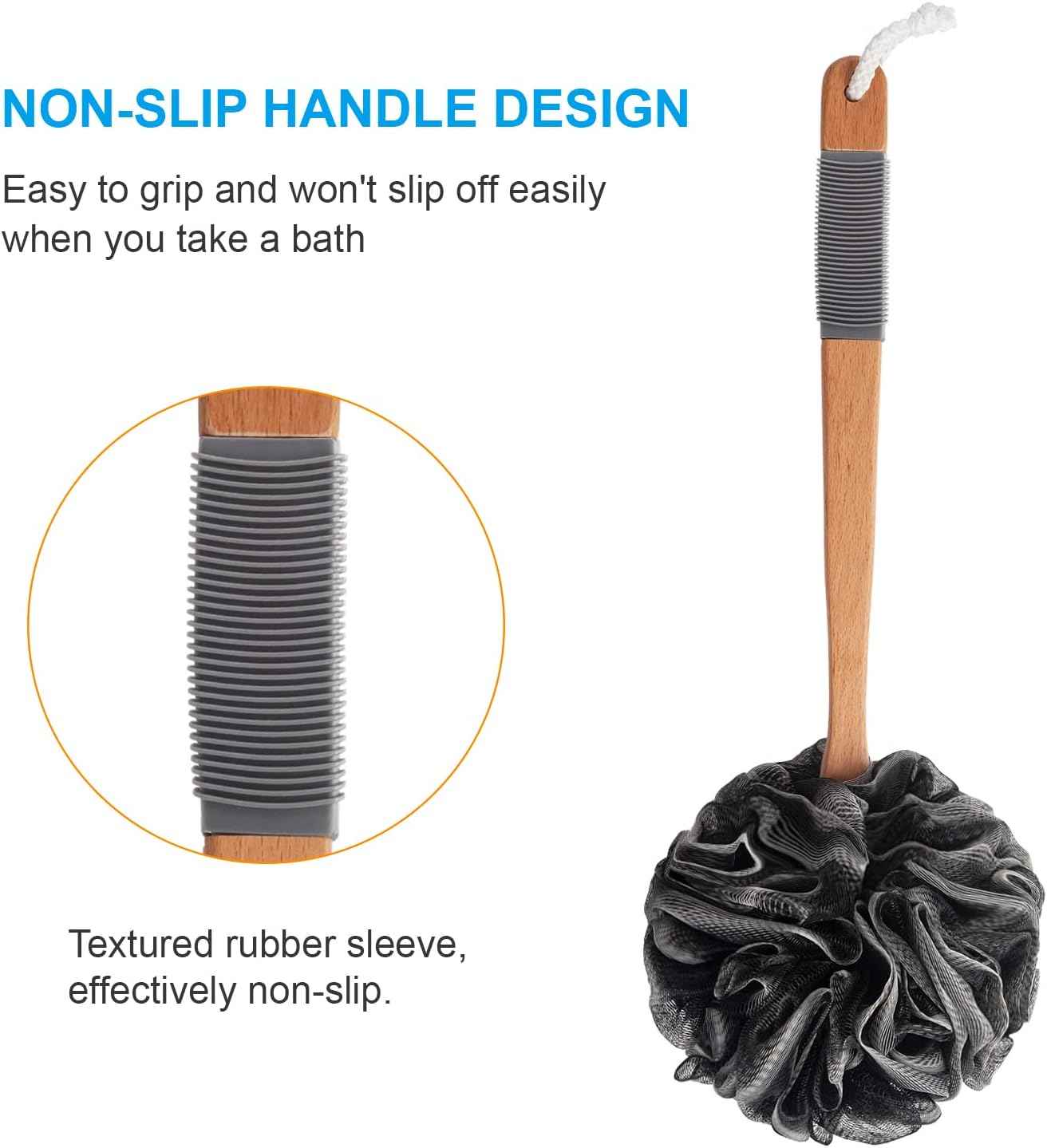 AmazerBath Shower Sponge Loofah Back Scrubber, PE Soft Mesh Loofah Body Scrubber with Long Wooden Handle, Bath Sponge for Men Women