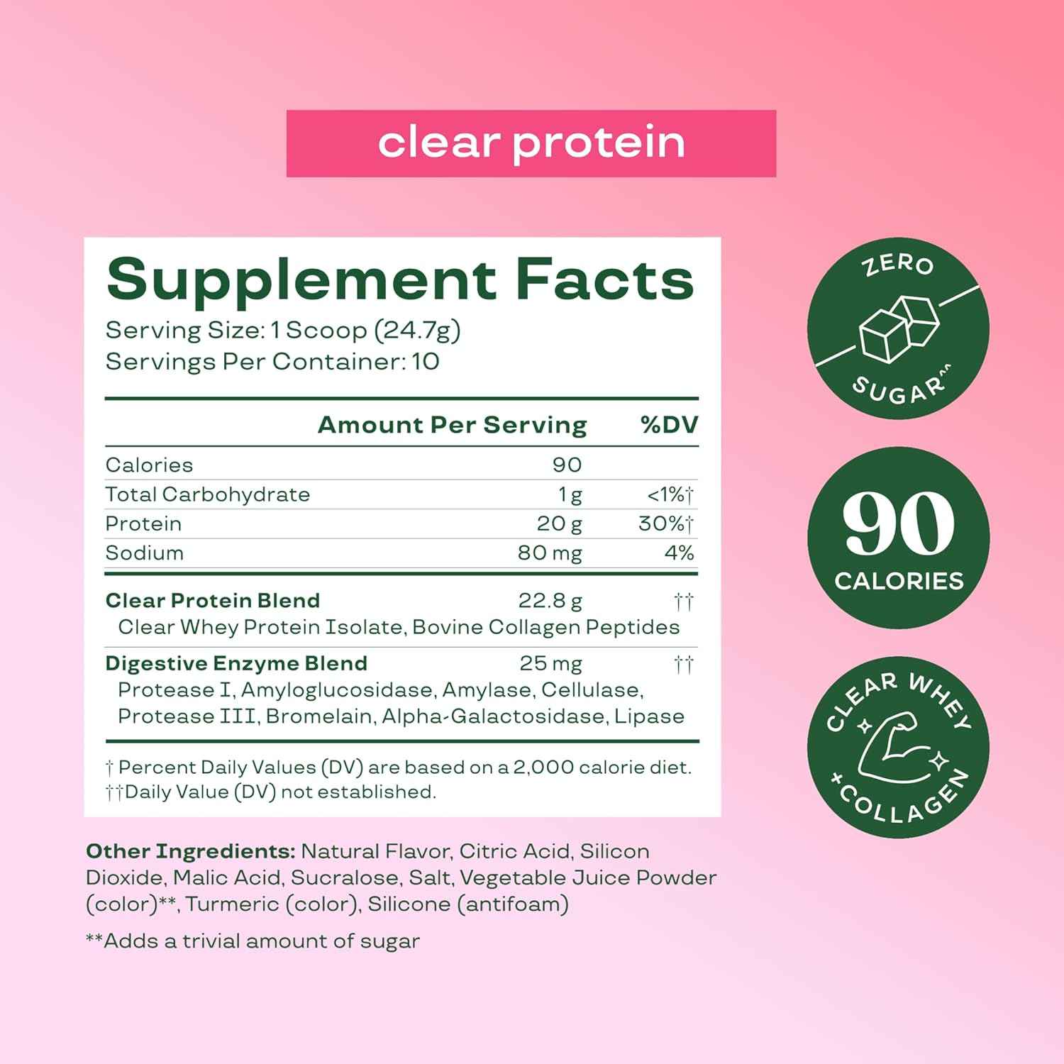 Bloom Clear Protein, Whey Protein Isolate with Collagen Peptides and Digestive Enzymes, 20g Protein, Sugar Free Post Workout Drink Mix, 90 Calories, 10 Servings
