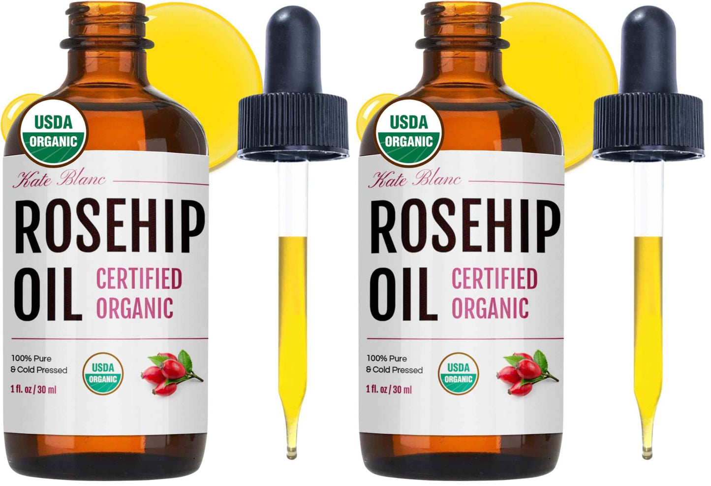 Kate Blanc Cosmetics Rosehip Seed Oil for Face, 100% Pure Organic | Cold Pressed Unrefined Rose Hip Facial Oil for Skin, Hair & Gua Sha Massage (1oz)