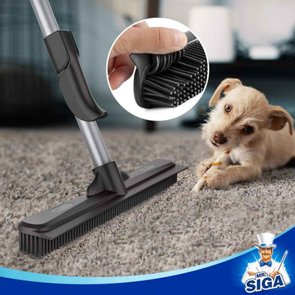 MR.SIGA Pet Hair Removal Rubber Broom with Built in Squeegee, 3 in 1 Floor Brush for Carpet, 61 inch Adjustable Handle, Includes 1 Microfiber Cloth for Floor Dusting