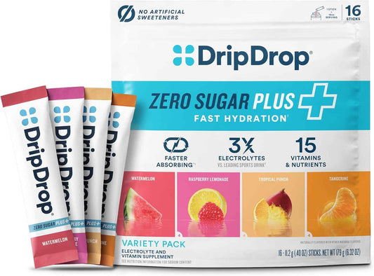 DripDrop Zero Sugar Plus - Sugar Free Hydration Packets- Single Serve Electrolytes Powder Drink Mix