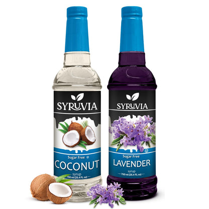Syruvia Sugar-Free Fruit Flavors Variety Pack Coconut &amp;amp; Lavender Syrup - 0 Calorie - for Tea, Italian Sodas, Beverages, Desserts, Ice Cream, Cocktails &amp;amp; Mocktails, Kosher, 25.4 fl oz. (2-Pack)